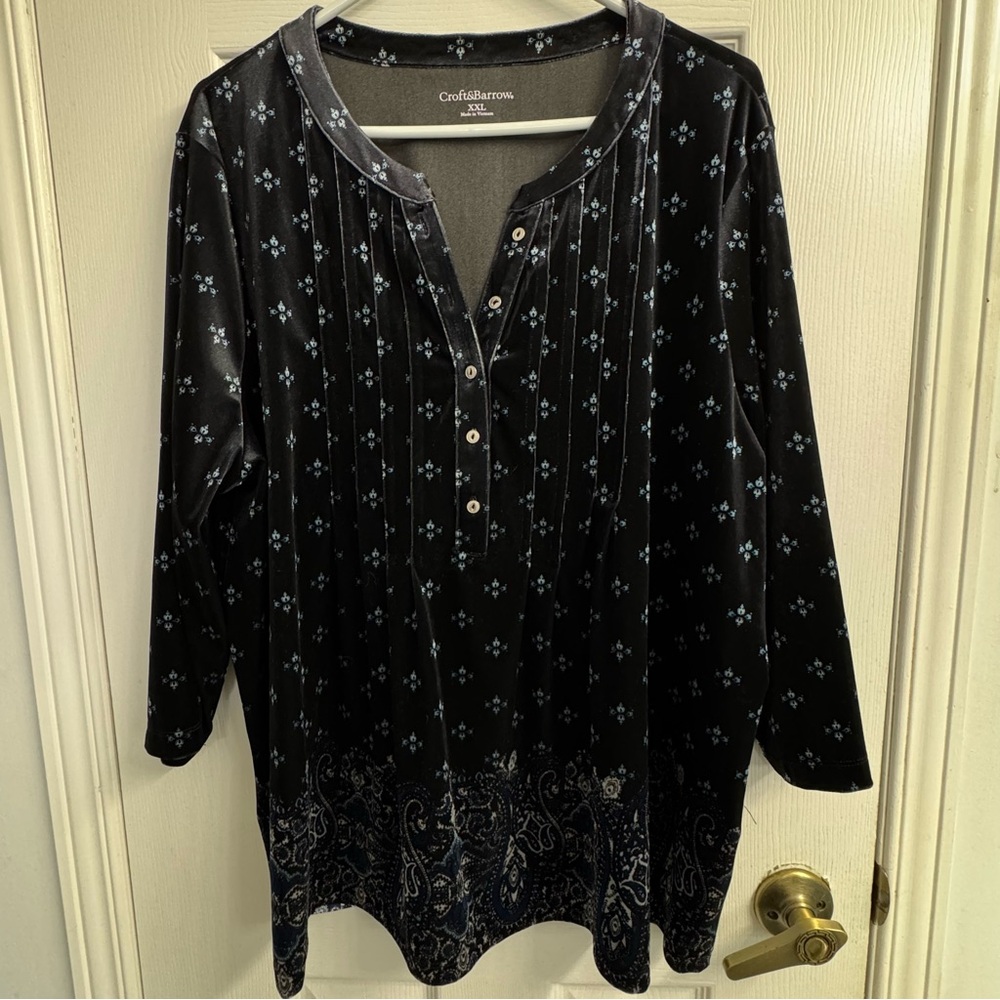Croft & Barrow Navy Velvet Velour Tunic XXL Paisley Henley Long Sleeve Boho Cozy